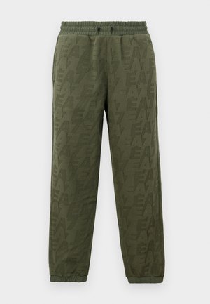 Olivengrønne fleece joggebukser med elastisk liv og mansjetter, med diskret tonal EA7-logo mønster over hele.
