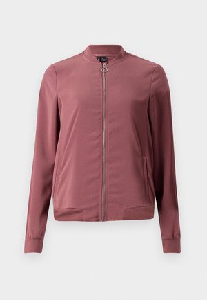 Veste bomber légère de couleur bordeaux avec un col rond, fermeture éclair avant et deux poches latérales. Présente des poignets et un ourlet côtelés pour un look ajusté.