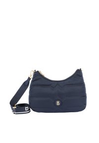 Borsa a spalla in nylon blu navy con chiusura zip, caratterizzata da cuciture geometriche, un accento con logo rotondo e una tracolla regolabile.