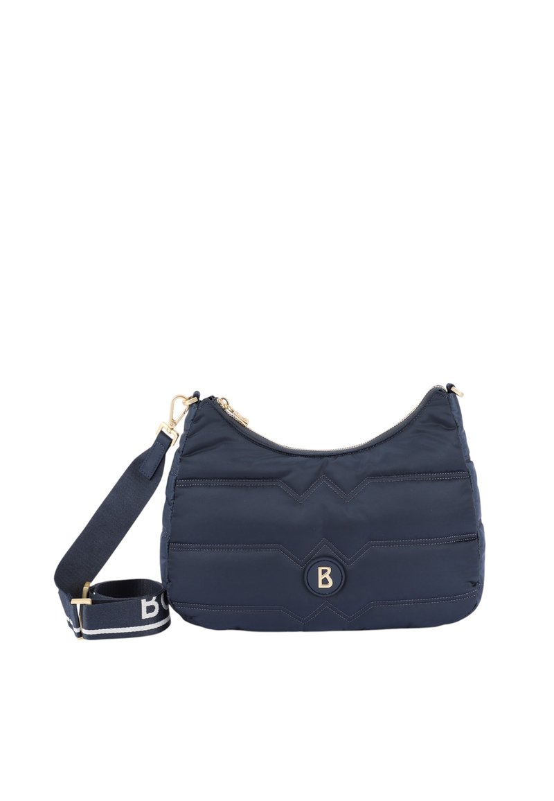 Borsa a spalla in nylon blu navy con chiusura zip, caratterizzata da cuciture geometriche, un accento con logo rotondo e una tracolla regolabile.