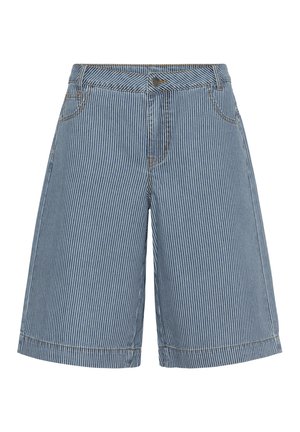 Siniste ja valgete vertikaalsete triipudega teksapüksid, millel on eesmine nööp, vööaasad ja küljetaskud.