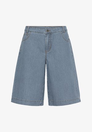 Siniste ja valgete vertikaalsete triipudega teksapüksid, millel on eesmine nööp, vööaasad ja küljetaskud.