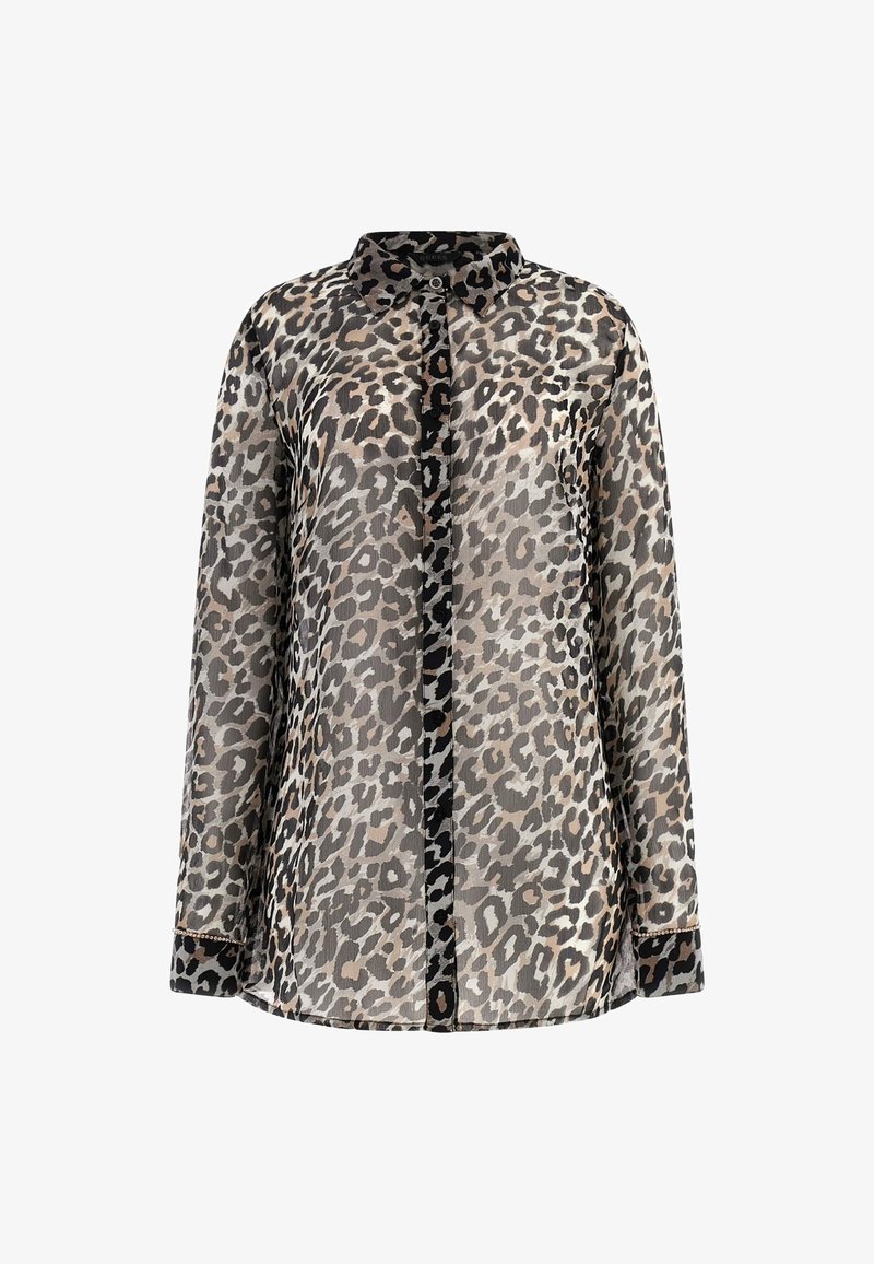 Blouse à manches longues à boutons avec imprimé léopard noir et beige, col classique et poignets bordés de noir.