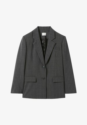 Blazer grigio a righe con revers, chiusura a un bottone, due tasche frontali e foderatura interna liscia.