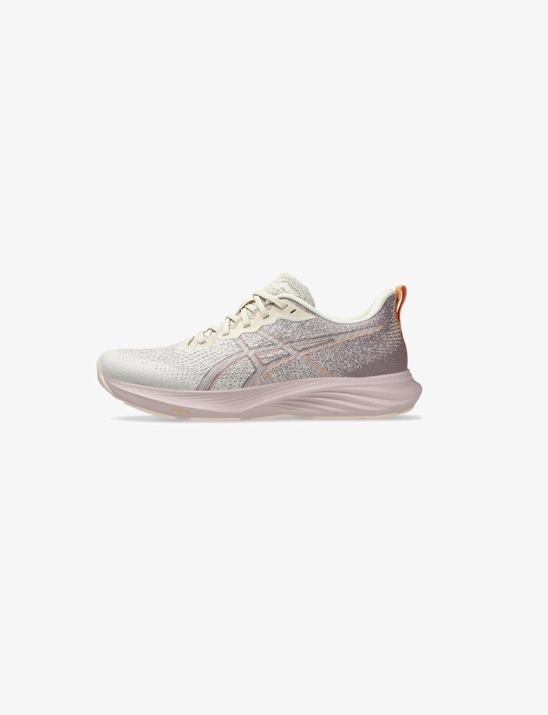 Lightweight running shoe featuring a knitted upper in cream and lavender hues, with orange accents and a textured sole for grip.