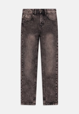 Schwarze Denim-Jeans mit einem ausgewaschenen Finish, geradem Beinschnitt, fünf Taschen und Metallknopfverschluss. Verfügt über Steppdetails entlang der Nähte.