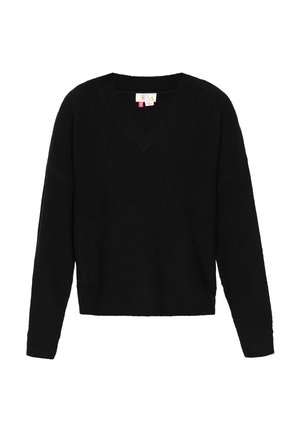 Sort langærmet striktrøje med V-udskæring og ribbede manchetter, vist på en hvid baggrund.