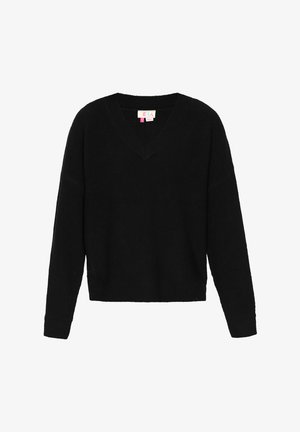 Must korda varrukatega kudum, V-kaelusega ja soonitud mansettidega, esitatud valgel taustal.