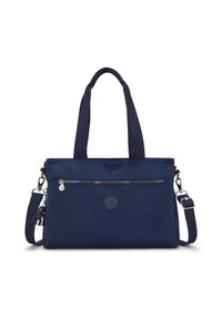 Navy blue tote bag made of fabric, featuring dual handles, a detachable strap, front zipper pocket, and a logo on the front.