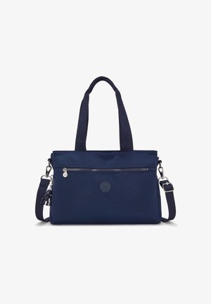 Borsa tote blu navy in tessuto, con doppi manici, tracolla removibile, tasca frontale con zip e logo sul fronte.