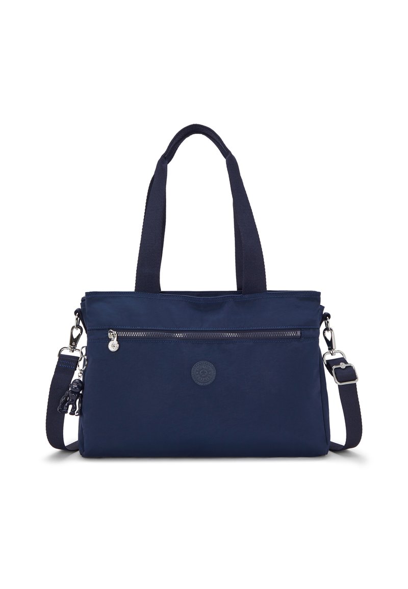 Navy blue tote bag made of fabric, featuring dual handles, a detachable strap, front zipper pocket, and a logo on the front.