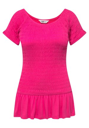 Fuchsia roze top met korte mouwen, voorzien van geschuimde textuur en een uitlopende onderrand. Gemaakt van zachte, rekbare stof voor comfort.