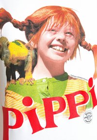 Red-haired girl with braided pigtails smiles, wearing green and yellow stripes; a small monkey stands on her shoulder, with "Pippi" text below.