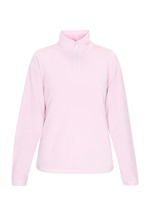 Svijetlo ružičasti fluffy pulover s visokim ovratnikom, prednjim zatvaračem do četvrtine, dugim rukavima i glatkom teksturom. Bez uzoraka ili ukrasa.