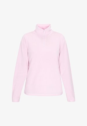 Gai rozā fliša džemperis ar augstu apkakli, ceturtdaļas rāvējslēdzēja priekšpusi, garām piedurknēm un gludu tekstūru. Bez rakstiem vai rotājumiem.