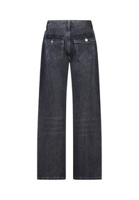 Dunkelgraue Jeans mit weitem Bein und hoher Taille, zwei mit Knöpfen verschließbaren Gesäßtaschen und Gürtelschlaufen, Rückansicht.