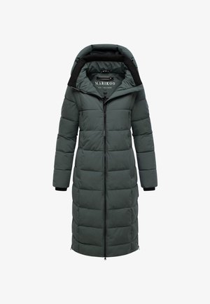 Long dark green padded winter coat with hood, front zipper, and black inner cuff details.