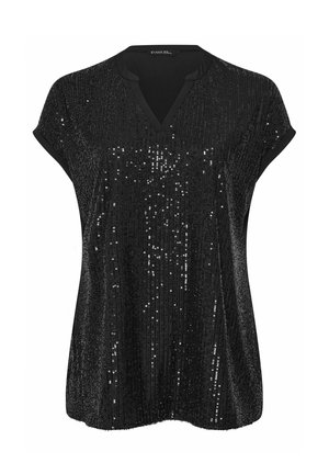 Top corto nero a maniche corte con scollo a V, realizzato in un tessuto arricchito di paillettes con una finitura testurizzata. Design morbido, leggero e dalla vestibilità ampia.