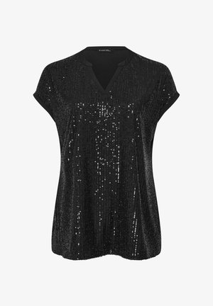 Zwarte korte mouwen top met een V-hals, gemaakt van stof versierd met pailletten met een textuurafwerking. Soepele, lichte en losse pasvorm.