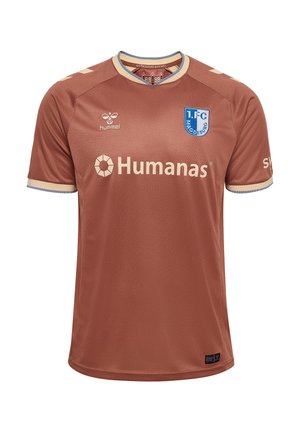 Rust-colored 1. FC Magdeburg soccer jersey with beige trim, Humana sponsor logo, and Hummel branding on front and sleeves.
