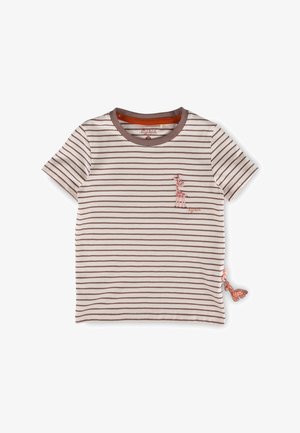 Kinder-T-Shirt mit kurzen Ärmeln, weißen und braunen horizontalen Streifen, kleiner rosa Giraffenstickerei und Giraffenanhänger an der Seitennaht.