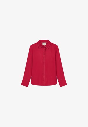 Red long-sleeve shirt featuring a button-down front, collar, and contrasting white stitching. Made of smooth fabric with a relaxed fit.