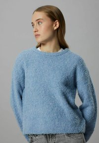 Lichtblauwe, pluizige trui met een ronde hals, lange mouwen en een gestructureerde stof. Draagt deze over een wit shirt, gecombineerd met grijze spijkerbroek.