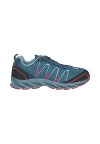 Sport shoes with a turquoise and black design, mesh upper, pink accents, and a textured sole for grip. Features round laces and a pull tab.