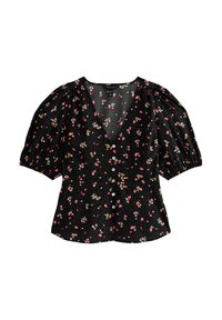 Blouse noire à motifs floraux avec des manches courtes bouffantes, un décolleté en V et des détails de boutons. Présente de petits motifs floraux en rose et blanc. Texture douce.