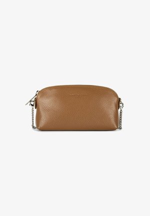 Brown leather pouch bag with a textured finish, a top zipper, and a silver chain strap. Compact design suitable for small essentials.