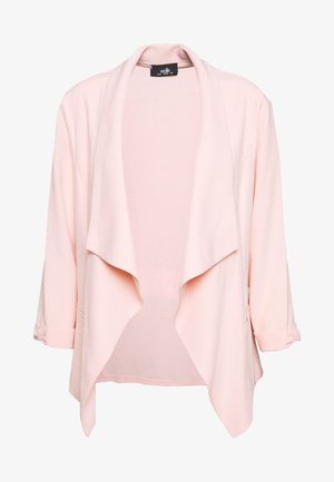 Light pink cardigan made of soft fabric, featuring a draped front, long sleeves with roll-up cuffs, and no fastenings.