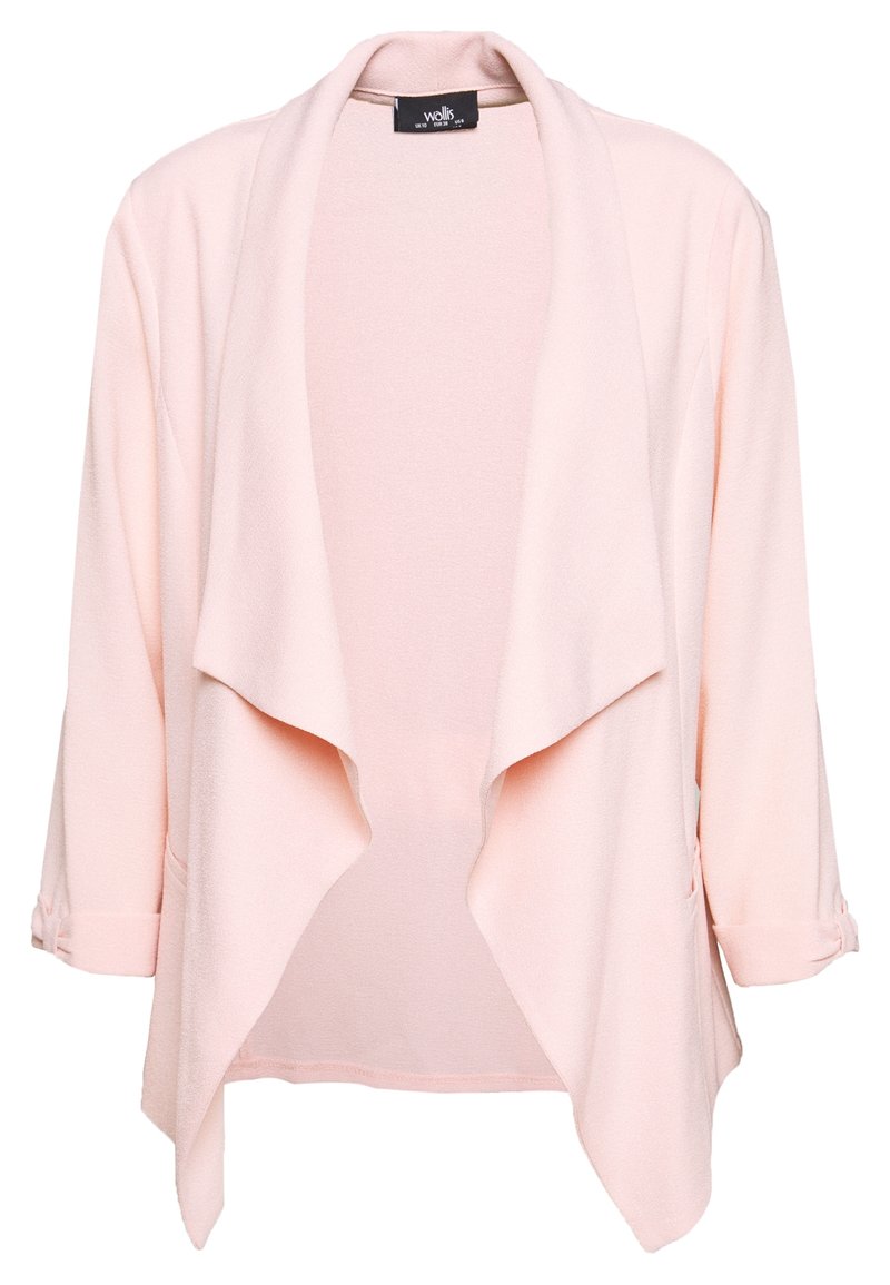 Lichtroze vest van zachte stof, met een gedrapeerde voorkant, lange mouwen met oprolbare manchetten en zonder sluitingen.