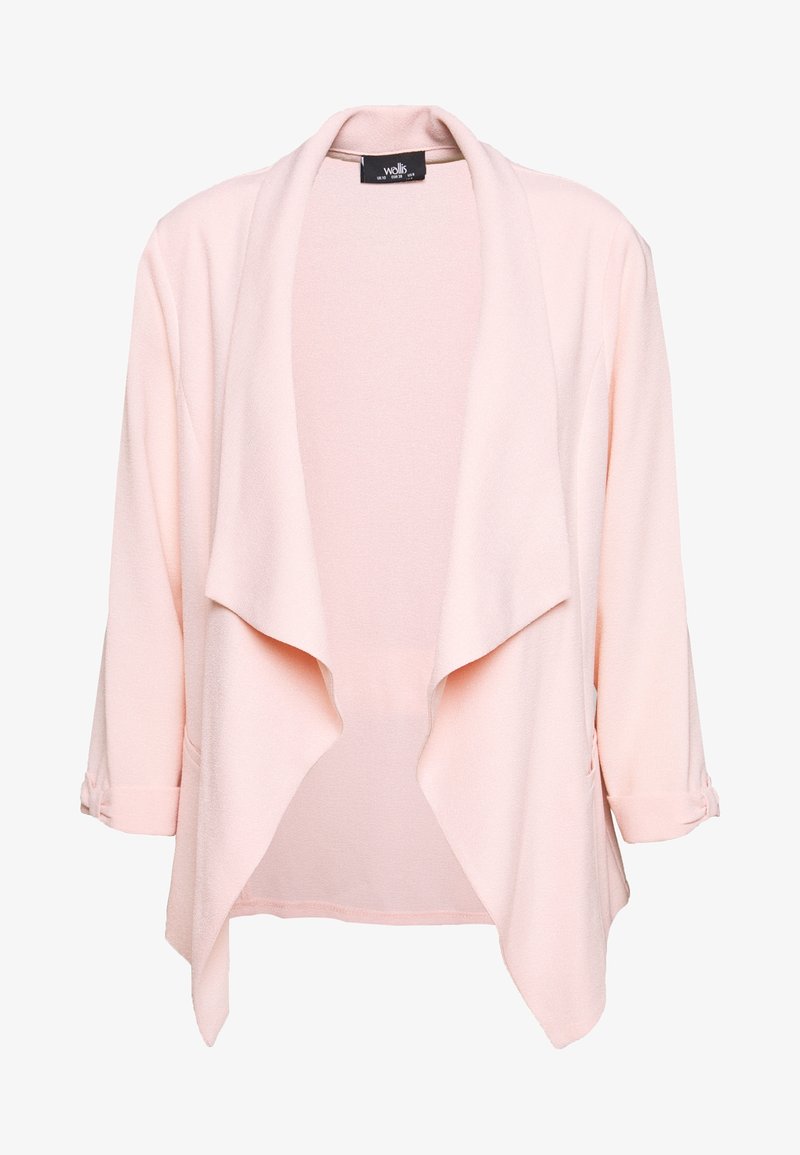 Lichtroze vest van zachte stof, met een gedrapeerde voorkant, lange mouwen met oprolbare manchetten en zonder sluitingen.