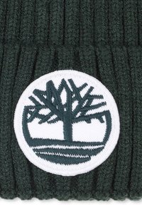 Berretto a coste di un verde scuro, con un evidente patch circolare bianco con un logo di un albero verde. La texture sembra morbida e tessuta.