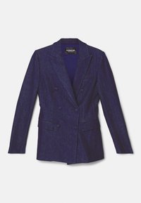 Blazer bleu marine à double boutonnage avec revers crantés, quatre boutons sur le devant et deux poches à rabat, posé à plat sur un fond blanc.