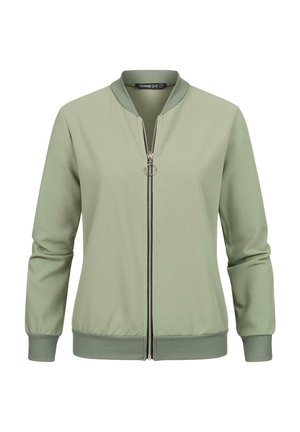 Jachetă bomber verde deschis, cu guler și manșete ribotate, fermoar frontal, fabricată dintr-un material neted și cu o croială lejeră.