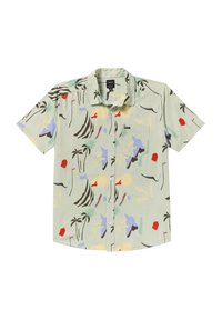 Korte mouw knoopoverhemd van lichtgroene stof met een kleurrijke, abstracte tropische print van palmbomen en geometrische vormen.