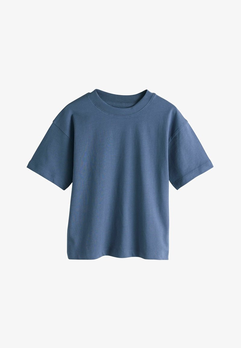 T-shirt à manches courtes en coton bleu doux. Doté d'un col rond et d'une coupe décontractée, avec une texture lisse et des coutures minimales.