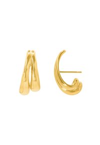 Ohrringe in Goldfarbe mit einem skulpturalen Design und glatter, glänzender Oberfläche. Ein Ohrring hat eine geschwungene Form, während der andere eher kantig ist.