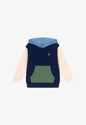 Kapuzensweatshirt mit cremefarbenen langen Ärmeln, navyblauem Körper, hellblauer Kapuzenfütterung und grünem Fronttasche mit kleinem rundem Logo auf der Brust.