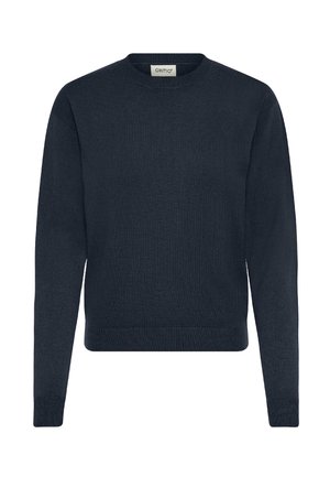 Navy blue knitted sweater with a round neck, long sleeves, ribbed hem, and cuffs featuring a textured pattern throughout.