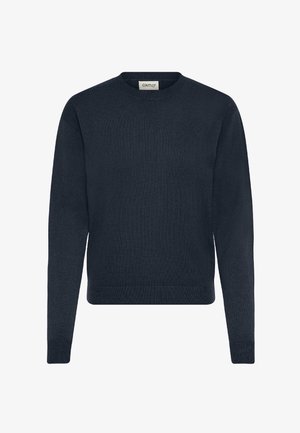 Marineblauer Strickpullover mit Rundhalsausschnitt, langen Ärmeln, geripptem Saum und Bündchen, der ein strukturiertes Muster aufweist.