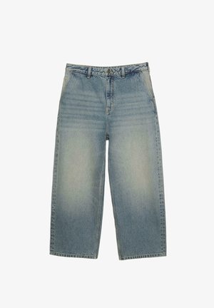 Light blue denim wide-leg pants with a high waist, featuring subtle fading, five-pocket design, and a classic belt loop waistband.