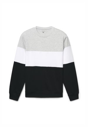 Felpa color-block grigia, bianca e nera con vestibilità rilassata. Presenta una scollatura rotonda e polsini a costine con una texture liscia.