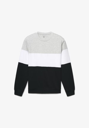 Felpa color-block grigia, bianca e nera con vestibilità rilassata. Presenta una scollatura rotonda e polsini a costine con una texture liscia.