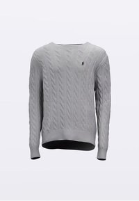 Maglione grigio chiaro a trecce con scollo rotondo, polsini e cintura a coste. Presenta un piccolo logo nero sul petto a sinistra.