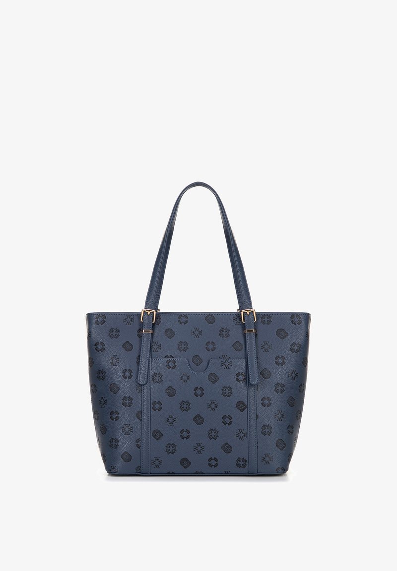 Blauwe draagtas met donkere, patroonachtige symbolen, twee schouderbanden met gouden gespen en een voorvakdetail.