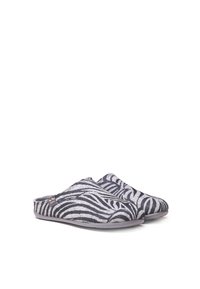 Black and gray zebra-patterned slippers with a soft fabric upper, open back design, and a flat rubber sole for indoor use.