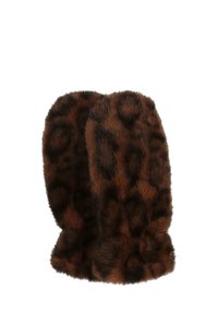 Mănuși din blană falsă cu imprimeu de leopard, cu o textură moale, în tonuri de maro pământiu. Formă rotundă cu manșetă elasticizată pentru o potrivire strânsă.