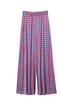 Pantaloni viola a gamba larga con motivo geometrico a diamante bianco e blu e vita elastica.